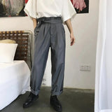 WIAOFELLAS  -  Mens Trousers Belt Decoration Casual Pants Autumn British Style Business Commuting Wild Straight Harem Pants Men'S Clothing