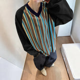 WIAOFELLAS  -  Men T Shirt Striped Patchwork V Neck Long Sleeve Male Tee Tops Korean Style Streetwear Loose Fashion Casual Men Clothing