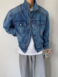 Wiaofellas  -  Trendy Button-up Lapel Washed Jean Coats Mens Fall Loose Outerwear Streetwear Vintage Long Sleeve Jacket Men