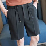 WIAOFELLAS  -  Men's Elastic Waist Suit Shorts Summer Solid Drawstring Business Casual Knee Length Pants Male Korean Fashion Short Trousers