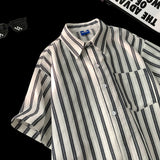 WIAOFELLAS  -  Striped Shirt for Men Cotton Short Sleeves Button Blouses Casual Turn-down Collar Shirt Summer Streetwear Overshirts Tops A130