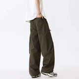 WIAOFELLAS  -  Simple Men's Cargo Pants Zipper Patchwork Elastic Waist Wide Leg Bottom Straight Drawstring Loose Male Trousers 24K4252