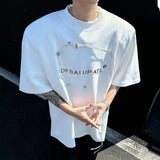 WIAOFELLAS  -  Niche Design Men's T-shirts Round Collar Metal Rivets Letter Decoration Short Sleeve Shoulder Padded Loose Male Tee