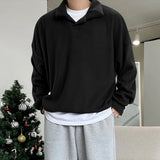 WIAOFELLAS  -  Men Hoodies Solid Color Lapel Long Sleeve Loose Men Pullover Streetwear Korean Style Fashion Casual Tops Male Sweatshirt
