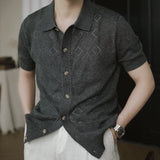 Wiaofellas  -  Summer New Casual Short Sleeve Knit Shirts Men Vintage Textured Knitted Shirt Tops Mens Fashion Button-up Lapel Shirt