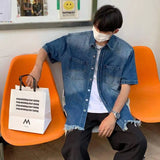 WIAOFELLAS  -  Vintage Men's Gradient Hole Burr Edge Denim Shirts Fashion Summer Short Sleeves Single-breasted Tops Male