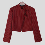 WIAOFELLAS  -  Men Striped Blazer Stand Collar Long Sleeve Lace Up Casual Thin Crop Coats Men Streetwear Fashion Male Suit S-3XL