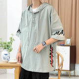Wiaofellas  -  summer men's clothing short Sleeve Hooded loose oversized Solid Color fashion Printed Spliced button casual 3/4 Sleeve T-shirt