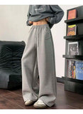 WIAOFELLAS  -  Koreann Style Men Sweatpants Casual Solid Color Drawstring Straight Fleece Bottom Elastic Waist Wide Leg Male Pants