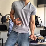 Wiaofellas  -  Black Short Sleeve Polo Shirt Henry Collar Fitness Sportswear Breathable Polyester Summer T-Shirt for Men Casual Wear