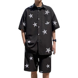 Wiaofellas  -  Summer Two-piece Men's Sets Shirt and Shorts Star Print Thin Silky Leisure Suit Clothes Oversize Outfits Male Black White