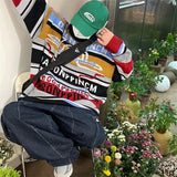 WIAOFELLAS  -  Men's Knitted Sweaters Retro Contrast Striped Round Neck Sweater Women Autumn Winter Long Sleeves Letter Pullover Tops