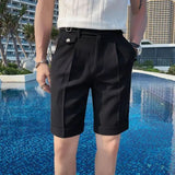 WIAOFELLAS  -  Fashion Summer Men British Style Naples Suit Shorts Smart Casual Paris Waist Buckle Button Knee Length Pants Shorts Streetwear
