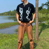 WIAOFELLAS  -  Men's Casual T-Shirt Fashionable Trendy Hip-Hop High Street Y2k Retro Snake Pattern Loose Cotton Top Spring And Summer