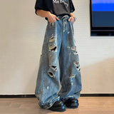 WIAOFELLAS  -  High Street Men's Denim Pants Graffiti Worn-out Contrast Color Hole Design Vintage Straight Leg Loose Male Jeans