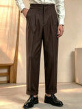 Wiaofellas  -  Autumn Winter Men Beige Solid Neapolitan Pleated High Waist Wide Leg Suit Trousers, Button Detail Light Business Pants for Commu