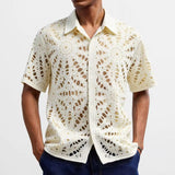 WIAOFELLAS  -  summer Button Lapel Knit Shirt Mens Floral Embroidery Patchwork Shirts Fashion Men Casual Short Sleeve Hollow Out Shirt For Male