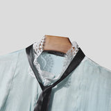 Wiaofellas  -  Men Shirt Lace Patchwork Long Sleeve Stand Collar Men Clothing Tops With Belt Streetwear Fashion Casual Male Shirts