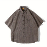 Wiaofellas  -  Men Brown Plaid Short Sleeve Shirt Oversized Casual Button Front Pocket Summer Loose Top