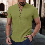 Wiaofellas  -  Men's Short Sleeve Linen Shirt Summer Lightweight Casual V-Neck T-Shirt Men Basic Solid Color Loose Fit Top