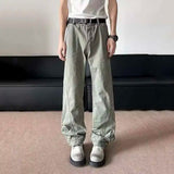 WIAOFELLAS  -  Simple Men's Casual Trousers Solid Color Washing Splicing Bottom Button Design Straight Wide Leg Loose Male Pants