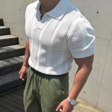 WIAOFELLAS  -  New American Niche Design Knitted Polo Shirt Men Breathable Hollow Short Sleeve Lapel Mesh Tight Sleeve T-shirt