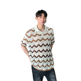 WIAOFELLAS  -  Fashion Men's Hollow Out Contrast Color Striped Casual T-shirt Trendy Loose Short Sleeves Lapel Tops Male Summer