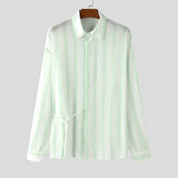 WIAOFELLAS  -  Men Striped Shirts Lapel Long Sleeve Lace Up Loose Autumn Men Clothing Streetwear Fashion Casual Male Shirts S-5XL