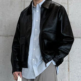 WIAOFELLAS  -  Lapel Men PU Leather Jackets Worn Out Large Pocket Solid Color Baggy Male Short Coats High Street Spring New Stylish