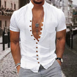 WIAOFELLAS  -  new fashion men's retro button cotton and linen casual short-sleeved shirt