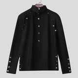 Wiaofellas  -  Men Shirt Solid Color Stand Collar Long Sleeve Button Men Clothing Streetwear Loose Fashion Casual Tops Camisas