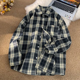WIAOFELLAS  -  Hong Kong Style Shirt Men's, Plaid Long Sleeve, Retro Loose Fit, Navy Blue