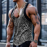 Wiaofellas  -  Sexy Deep Round Neck Tank Tops Men Vintage Leopard Printing Sleeveless Straps Vest For Mens Summer Sports Fitness Slim Camisoles