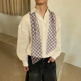WIAOFELLAS  -  Men Shirt Solid Color Lapel Long Sleeve Men Clothing Plaid Scarf Streetwear Loose Cotton Fashion Casual Tops Male Shirts