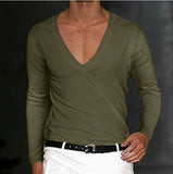 WIAOFELLAS  -  Spring Autumn Men's T-shirt Solid Color V-neck Long Sleeve Tops Tees Man Oversized Loose Fitness T-Shirts For Male Clothes