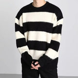 WIAOFELLAS  -  American Retro round Ne f High Collar Striped Sweater Knitted Heavyweight Autumn Winter Casual Loose Fit Long Sve