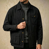 Wiaofellas  -  Retro Solid Color Lapel Jacket Mens Daily Outdoor Autumn Multi Pocket Long Sleeve Coat Fashion Loose Fit Outwear For Mens