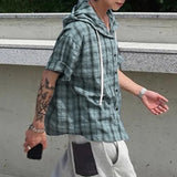WIAOFELLAS  -  Men Plaid Shirt Hooded Short Sleeve Loose Casual Men Clothing Summer Korean Style Streetwear 2025 Male Shirts Tops S-5XL