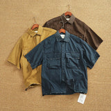 WIAOFELLAS  -  Summer high quality short sleeve overalls shirt men heavy washing old multi-pocket loose half sleeve