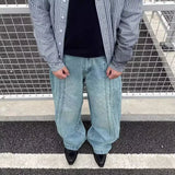 Wiaofellas  -  New Men's Vintage Washed Side Stripe Jeans Y2K Streetwear Patchwork Design Baggy Denim Pants Casual Punk Straight Jean