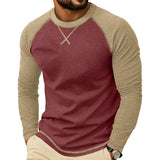 Wiaofellas  -  Men Color Block Raglan Long Sleeve T Shirts Crew Neck Curved Hem Casual Basic Undershirt Tops