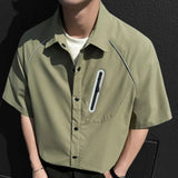 WIAOFELLAS  -  Niche Design Men's Shirts Turn-down Collar Line Zipper Patchwork Contrast Color Short Sleeved Loose Male Clothing