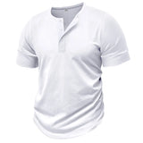 WIAOFELLAS  -  Summer Henry Collar T-Shirt for Men Solid Short Sleeve Button Casual Tshirt Fashion Tees Mens Clothing