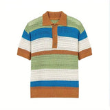 WIAOFELLAS  -  Mens T Shirts Summer New High-end Designed Americian Retro Style Hollow Knitted POLO Collar Colored Striped Short-sleeved Top
