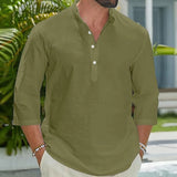 Wiaofellas  -  Retro Mens Loose Breathable Half Sleeve Tops Summer Casual Solid Color Pullover Men Daily Leisure Stand Collar Button-up Shirts
