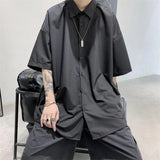 Wiaofellas  -  Solid Color Short Sleeve Ice Silk Shirt Tops Men's Trendy Loose Polo Neck Plus Size Casual Blouse Vintage Fashion Men Clothing