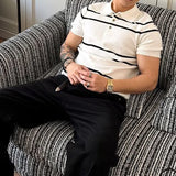 Wiaofellas  -  Daily Leisure Mens Slim Polo Shirts Knitted Short Sleeve Buttoned Turn-down Collar Polo Shirt Summer Casual Striped Knitting Top