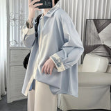 Wiaofellas SuperAen Contrast Stitching Fashion Embroidered Long-sleeved Shirt Women Autumn New High-end Loose Top Shirt