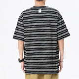 Wiaofellas  -  Summer new men's casual striped short-sleeved T-shirt pure cotton loose base shirt