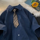Wiaofellas  -  Men Japanese Style Summer Short Sleeve Shirt with Tie DK Uniform Retro Loose School Blouse Plus Size